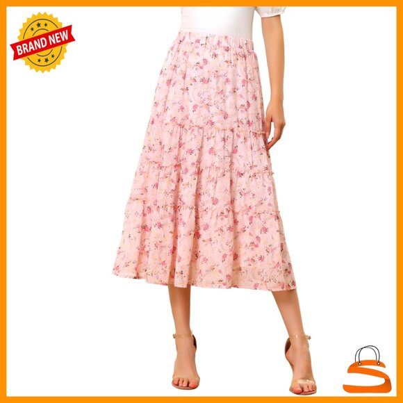 Dresses & Skirts - Chiffon A-Line Midi Skirt Floral Print Ruffle Tiered Loose Fit Elastic Waist
